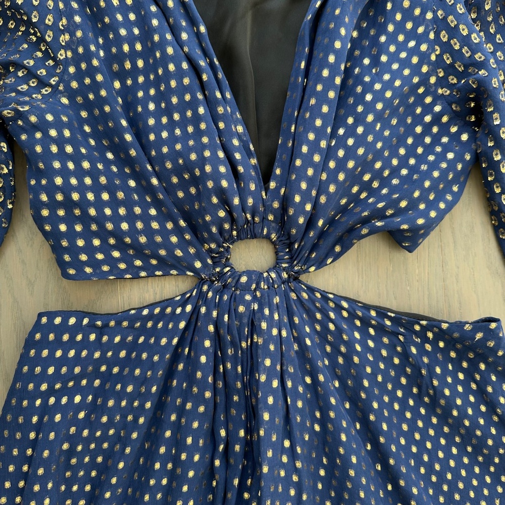 DELFI Collective Cerise Gown Blue Polka Dot Silk Metallic Gold Cut Out - Small - Picture 6 of 12